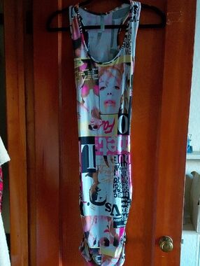 Graphic Magazine Print Tank Dress in Pink, Black & Cream